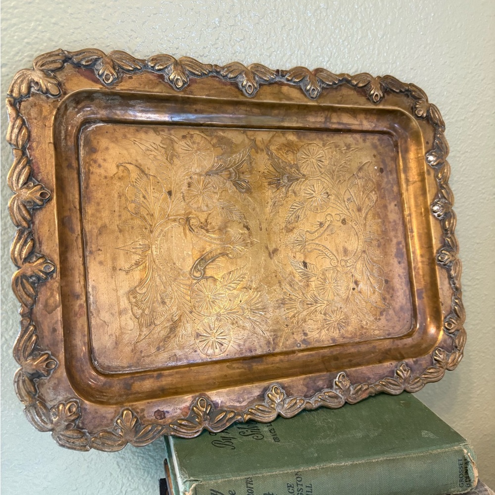 Beautiful antique vintage rectangle, flower, engraved, silver plated tray